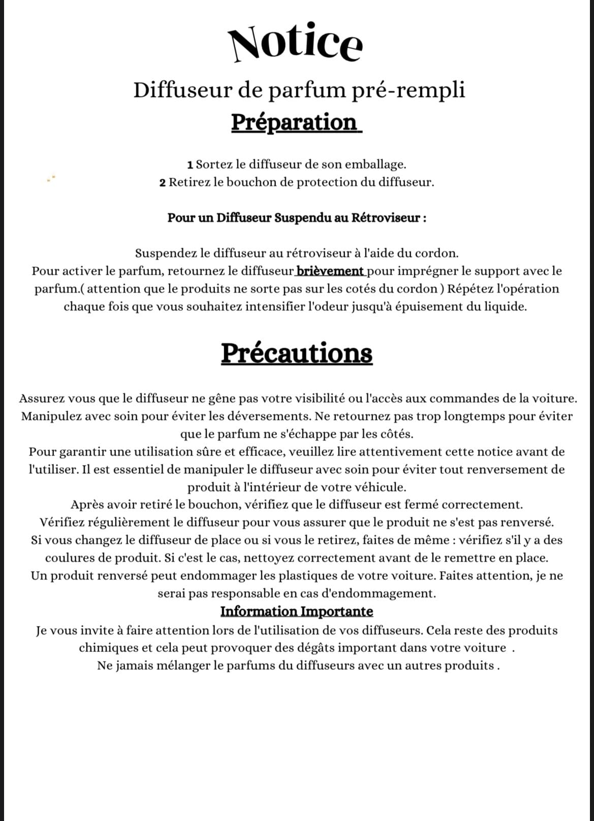 Notice d'utilisation diffuseur voiture